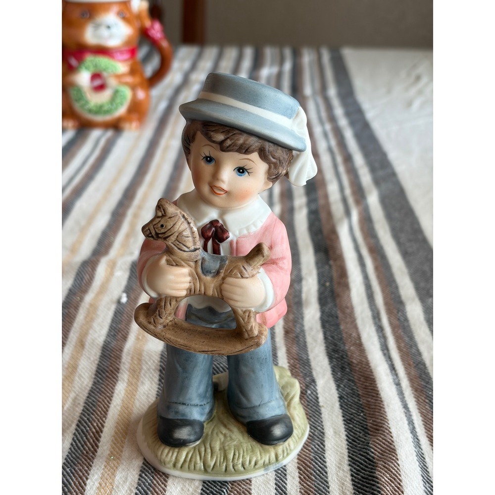 Vintage Homco Porcelain Boy Figurine with Rocking Horse Hand Painted Bisque